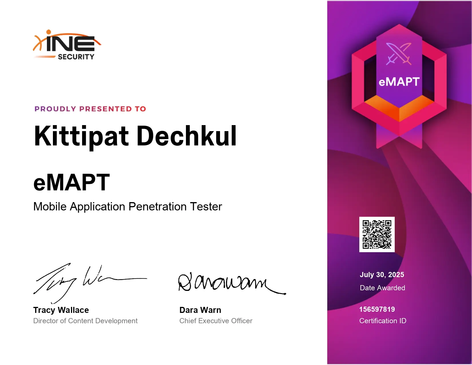 Kittipat eMAPT Certificate - eLearnSecurity Mobile Application Penetration Tester official certification