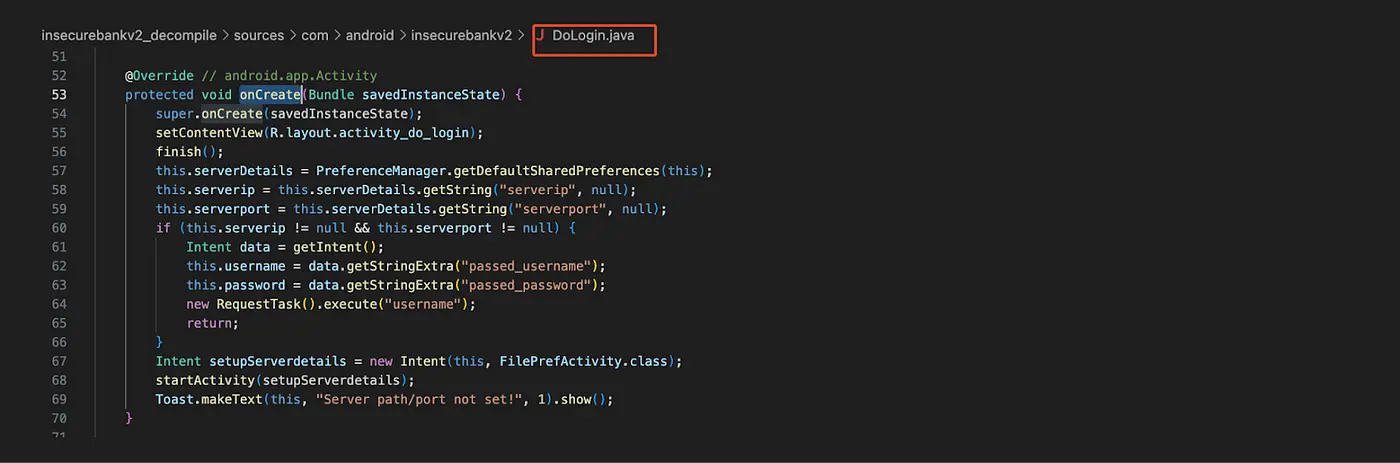 eMAPT Decompilation Example - Android .java code showing DoLogin onCreate method