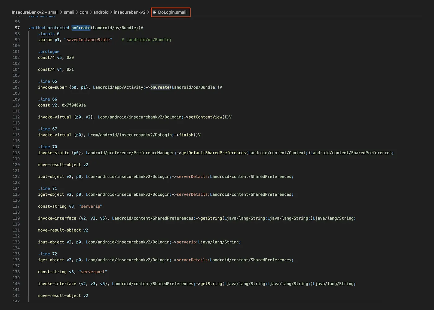 eMAPT Disassembly Example - Android .smali code showing DoLogin onCreate method
