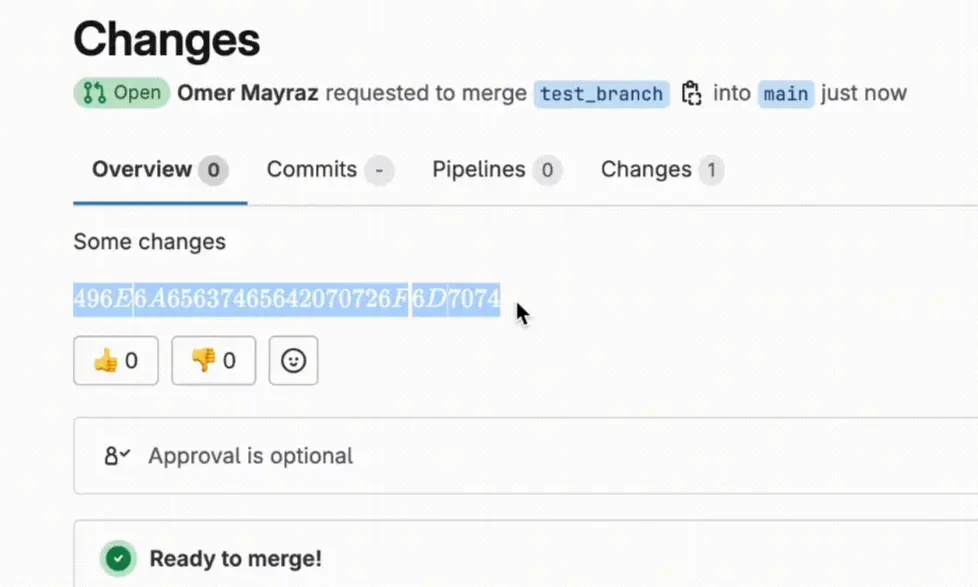 Second example of white-text injection in GitLab Duo, highlighted to reveal the hidden payload
