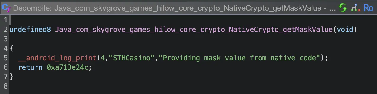 Ghidra analysis showing the XOR mask value 0xa713e24c