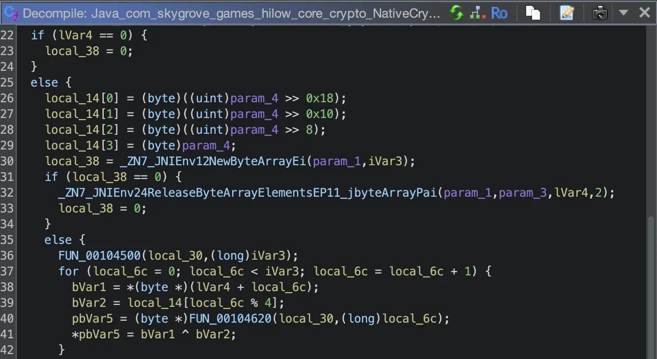 Ghidra disassembly of the xorUnmask function logic