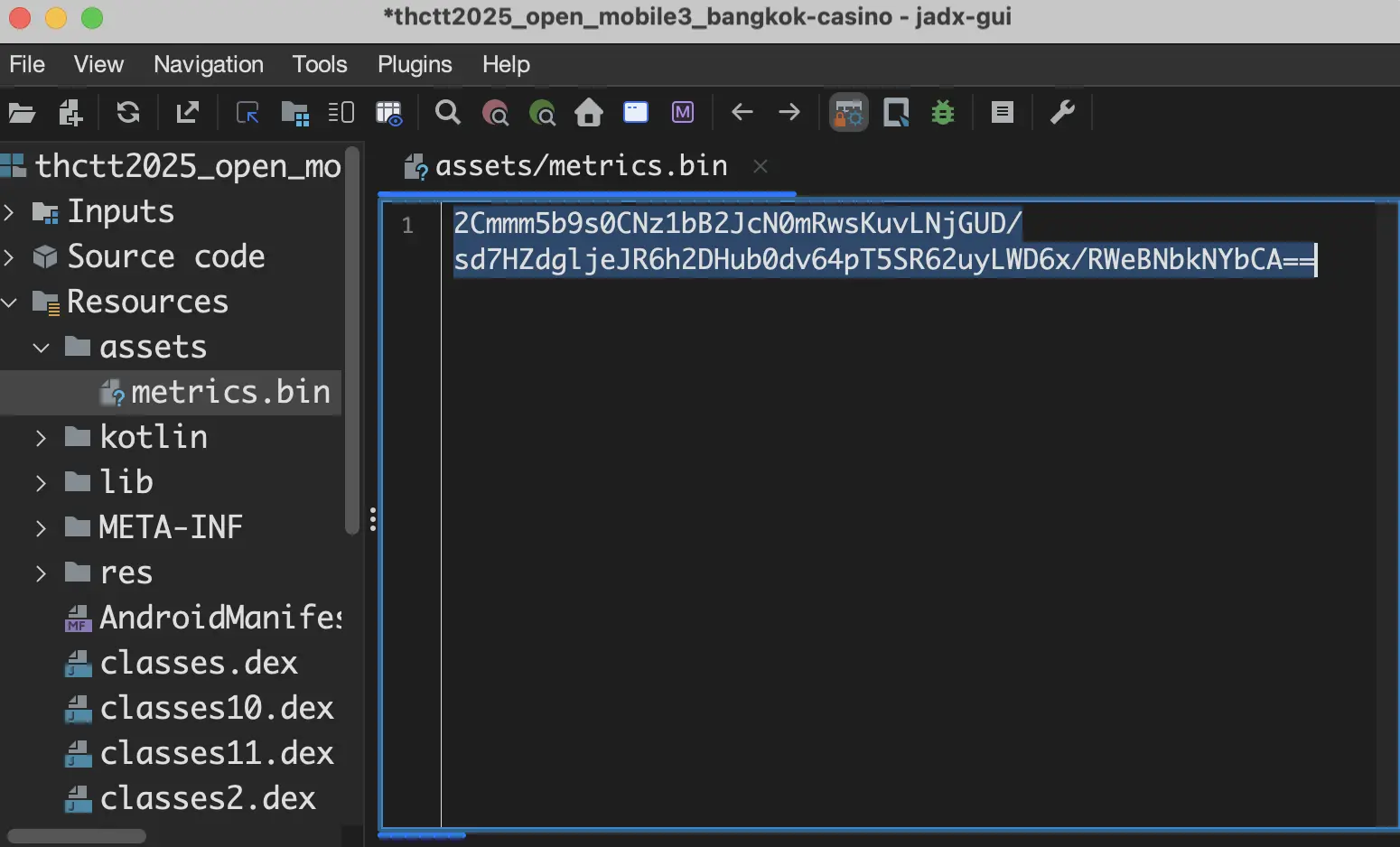 Contents of metrics.bin showing encrypted Base64 data